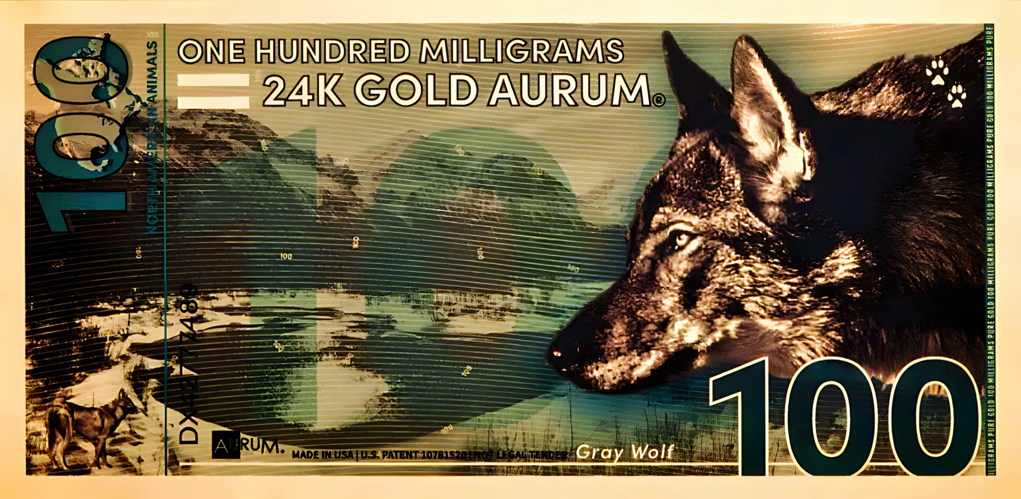 Gray Wolf 100mg 24Karat Solid Gold Bill Gift